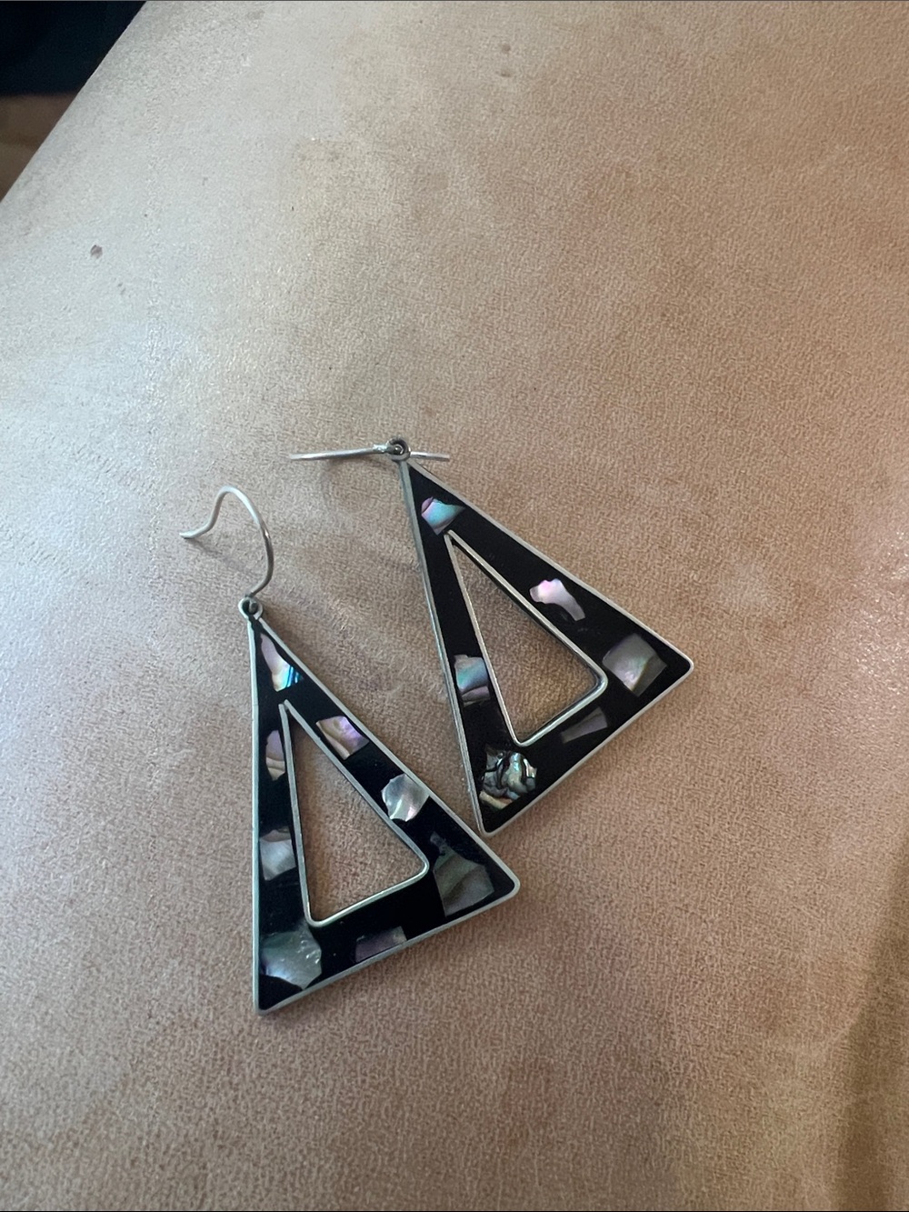 Vintage Black and Iridescent Abalone Triangle Drop Earrings